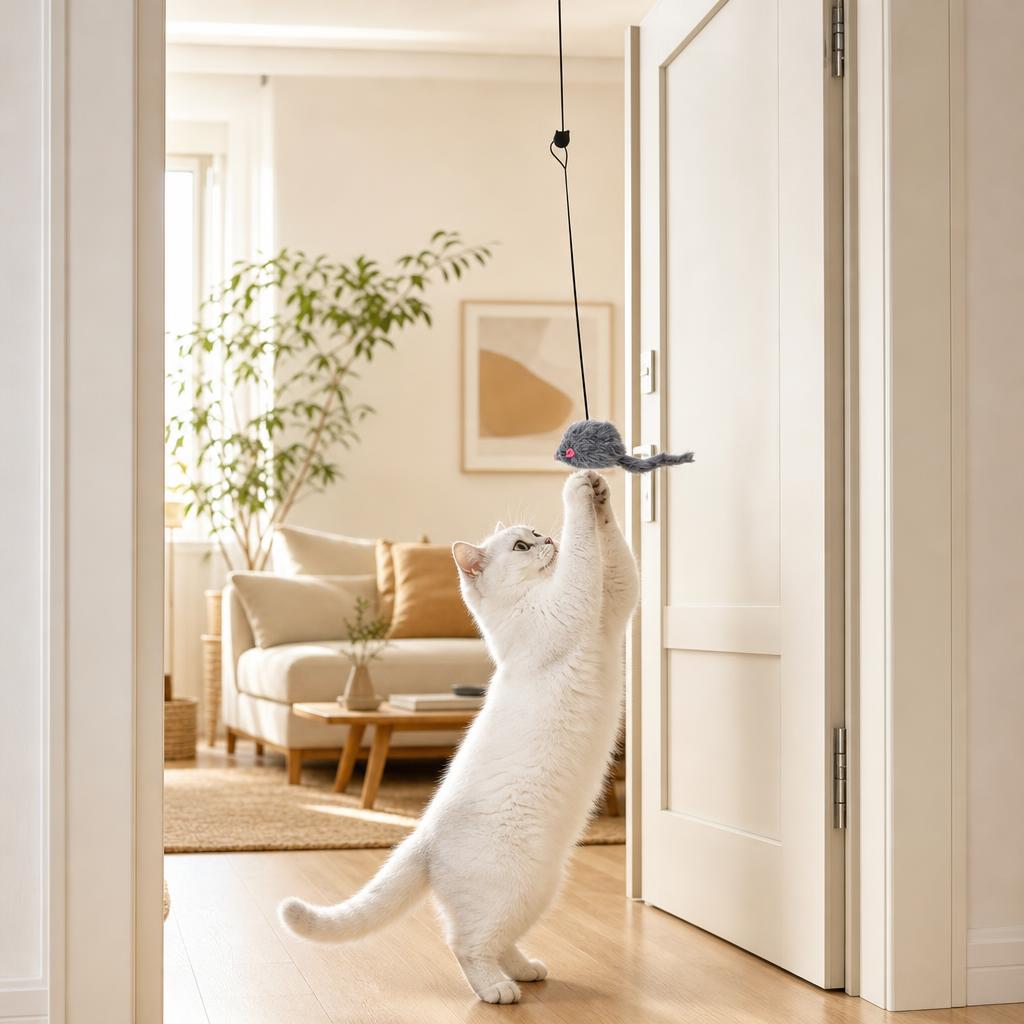 Gato blanco saltando para atrapar el ratón Catboing colgado de la puerta